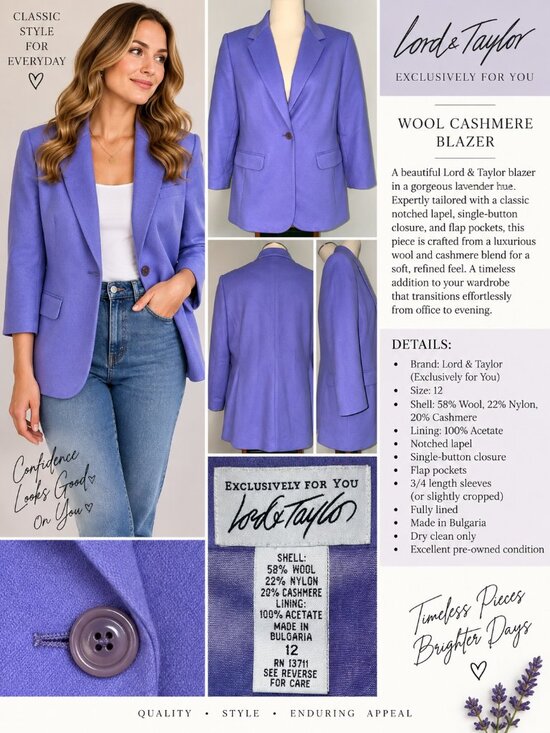 Lord & Taylor Jackets & Blazers - Lord & Taylor Exclusively For You Lavender Wool Cashmere Blazer Size 12